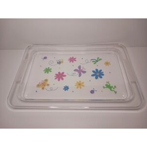 Vintage 90's LUCITE Spring Flowers Butterfly Bee Serving Tray Clear 20" x 13"